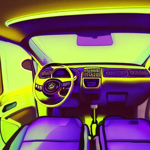 Image similar to 9 0 s fiat panda interior at night, with neon lights in the background, artstation, 3 5 mm, vaporwave