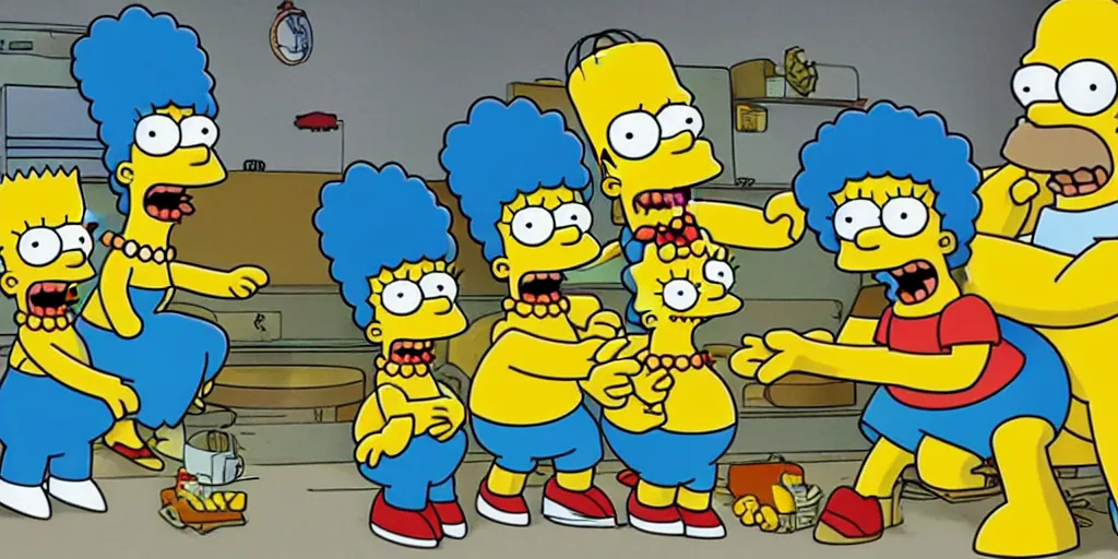 Prompt: the simpsons in a house made of lemons, they all have really long legs, smurfs