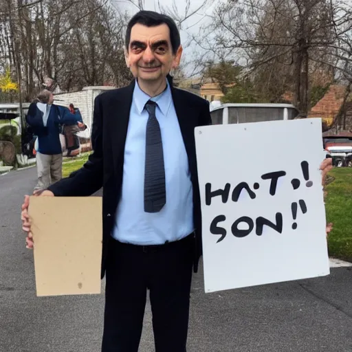 Image similar to photo of Mr. Bean holding a sign saying soon