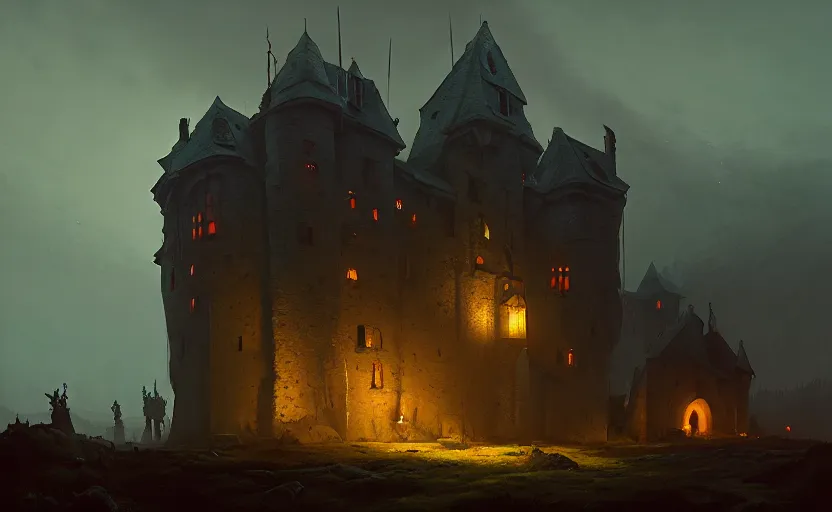 Image similar to an old medieval stronghold with moody and cinematic lighting by simon stalenhag and darek zabrocki, cinematic and atmospheric, concept art, artstation, trending on artstation