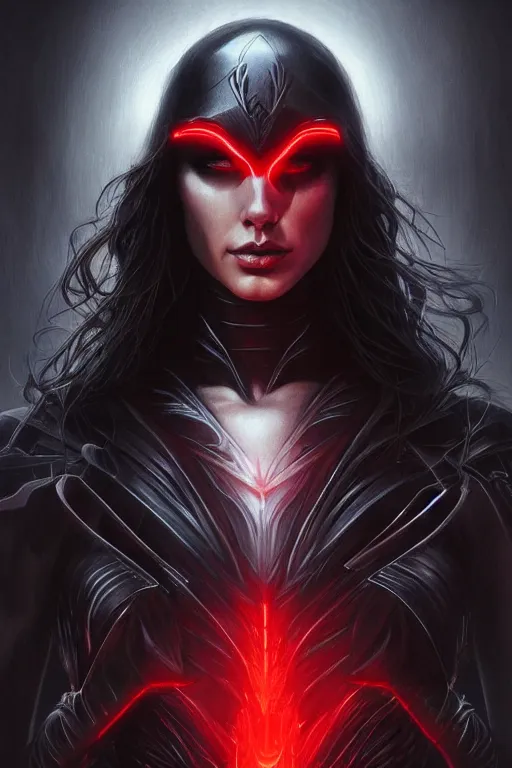 Image similar to very very beautiful longshot photo of chthonic Gal Gadot with demonic red eyes, on black helmet and black veins, intricate, elegant, highly detailed, artstation, concept art, smooth, sharp focus, illustration, art by artgerm, Beksinski, Giger