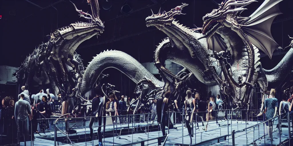 Prompt: star base, walking down the catwalk, stage, vogue photo, podium, fashion show photo, iris van herpen, inflateble shapes, masterpiece, guyver, giger, biomechanical details, denis villeneuve, legendary dragon, movie still, cinestill, bokeh, artstation