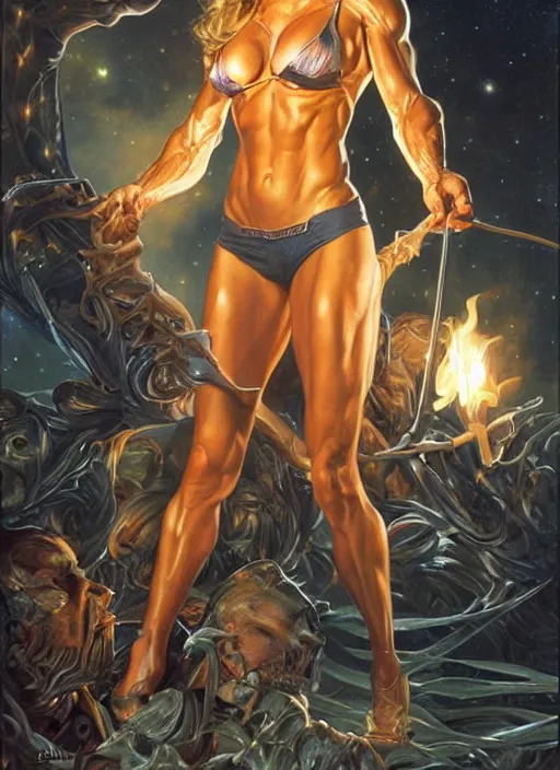 Prompt: portrait of a very muscled Denise Richards as a heroine glaring into the camera, torches and fireflies and night, very crispy, art by Donato Giancola, Joseph Christian Leyendecker, WLOP, Boris Vallejo, Artgerm