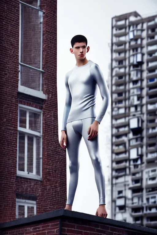 Image similar to un ultra high definition studio quality photographic art portrait of a young man standing on the rooftop of a british apartment building wearing soft padded silver pearlescent clothing. three point light. extremely detailed. golden ratio, ray tracing, volumetric light, shallow depth of field. set dressed.