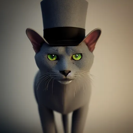 Image similar to a Russian Blue cat with amber eyes wearing a top hat, intricate detail, 3d render, octane render, god rays, depth of field, trending on artstation, 4k, hd