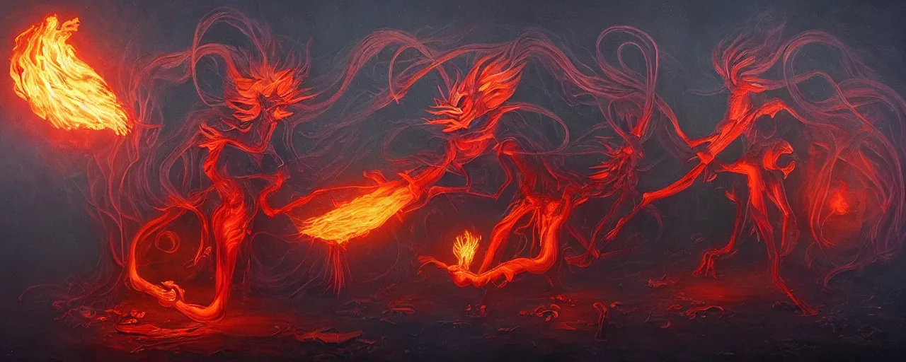 Image similar to whimsical fiery alchemical creatures, surreal dark uncanny painting by ronny khalil