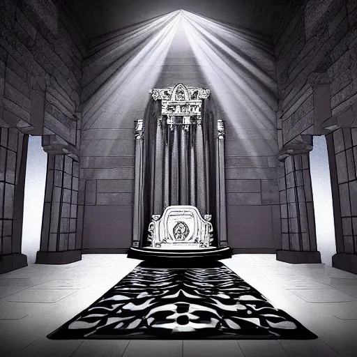 Prompt: Digital art of the throne room Imperial matte finish, ominous dramatic wide angle, god rays