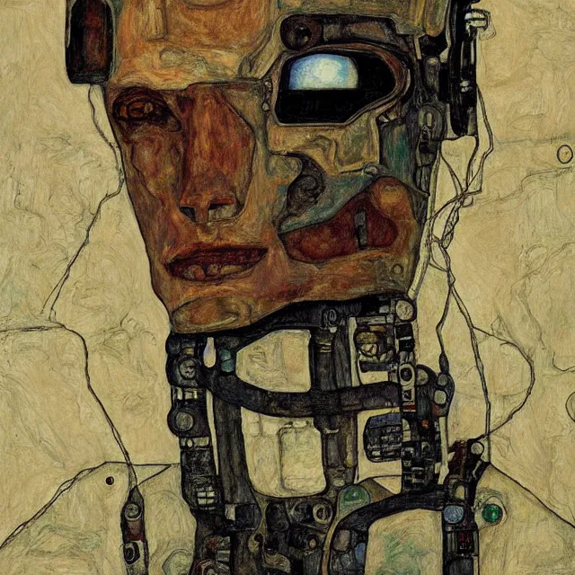 Image similar to portrait of a robot by egon schiele in the style of greg rutkowski