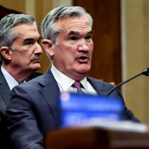 Prompt: a bear interrupting jerome powell during a speech to congress