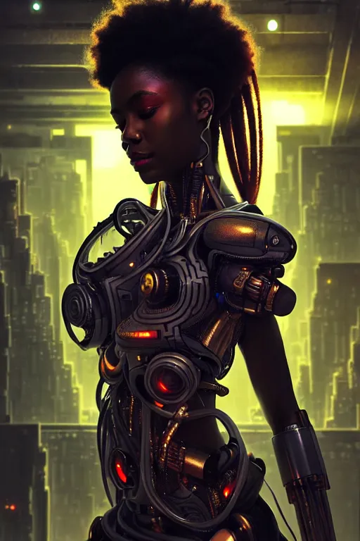 Image similar to ultra realistic, beautiful female african cyborg in a crowded smoky cyberpunk club in space megalopolis, sci - fi, intricate details, eerie, highly detailed, octane render, 8 k, art by artgerm and alphonse mucha and greg rutkowski