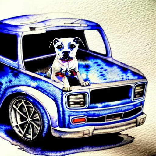 Prompt: an intricate watercolor of a beautiful velvet grey pit bull inside of a blue car, hyper detailed, intricate, sepia background, surrealism, grumpy