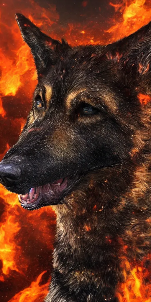 Image similar to close up character portrait icon of the german shepard beast - man, chest muscles, standing in hell landscape, 4 k, tone mapping