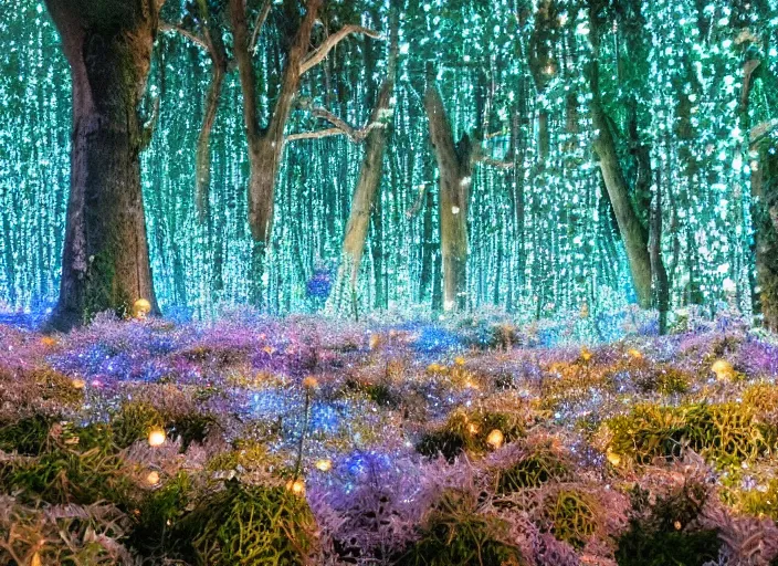 Prompt: a magical forest with crystal flowers that glow in the dusk,