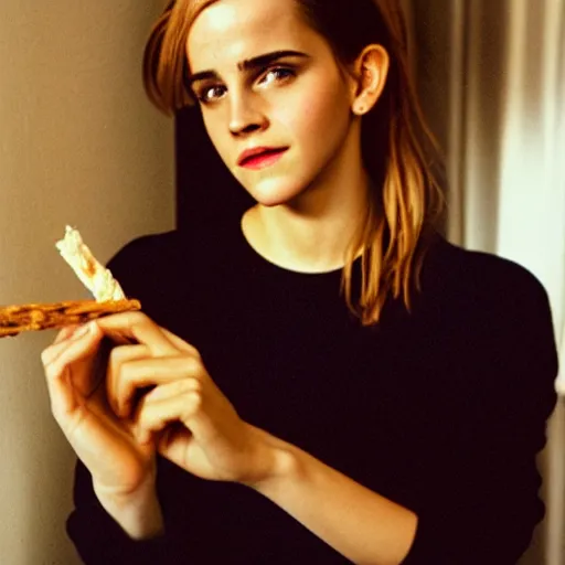 Prompt: Photograph of Emma Watson holding a joint by the window. Golden hour, dramatic lighting. Medium shot. CineStill