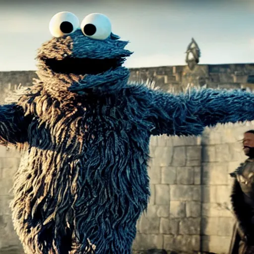 Image similar to cookie monster in game of thrones. having the time of his life.