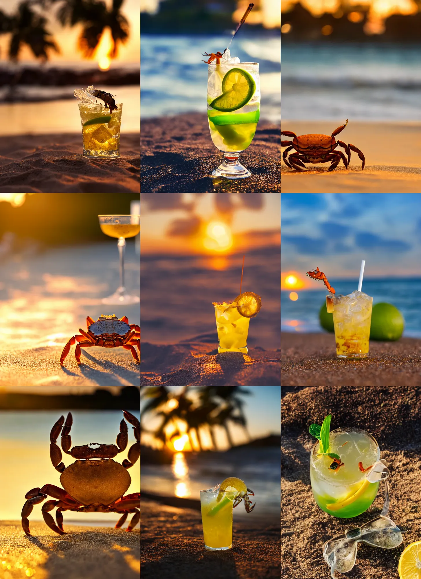 Prompt: a crab drinking a caipirinha in a beach, golden hour, bokeh, 4k