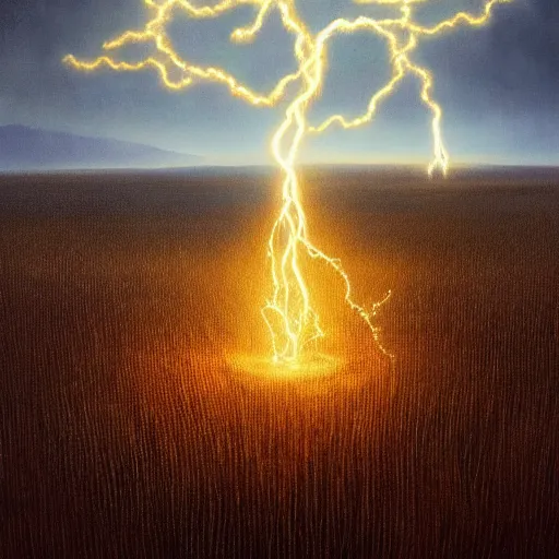 Image similar to oil painting of a glowing god with gold wires levitating in a wheat field, lightning in the sky, at night, stunning, cinematic lighting, concept art by greg rutkowski and wlop, artstation, cinematic, masterpice, insanely detailed, very realistic