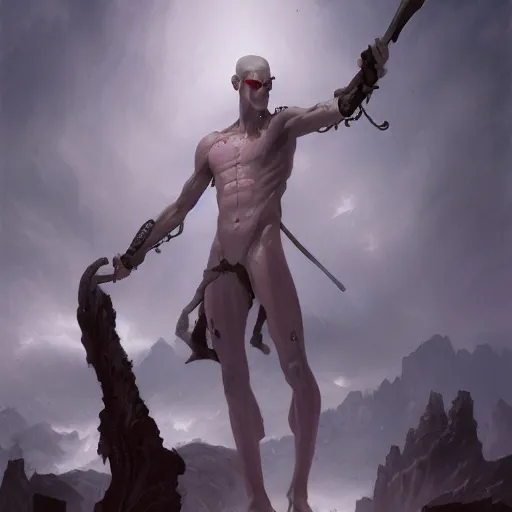 Prompt: wide shot, fantasy painting of a pale man with a black blade covered in runes, painted by Bayard Wu, ultra detailed, 8k