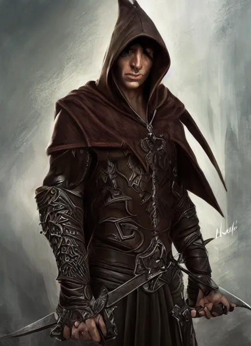 Image similar to a serious hooded half elf middle aged male rogue, strong, full body, 8 k, hyperrealistic, lowlife, ruffian, hyperdetailed, fantasy portrait by laura sava