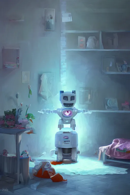 Image similar to Diaper Disposal Robot, Overflowing, digital art, fantasy, trending on artstation, professional illustration, cgsociety, ultra detailed, volumetric lighting, celshaded, colorful, girly bedroom