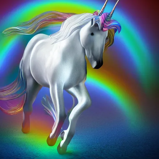 Image similar to whimsical luminescent detailed photo realistic 3d render of a white unicorn with long flowing rainbow colored mane