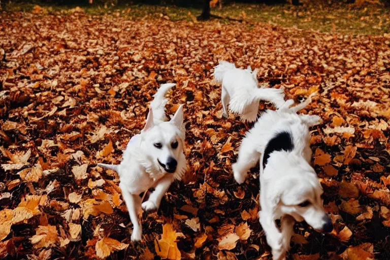 Prompt: dogs running towards the camera while breaking through a pile of autumn leaves