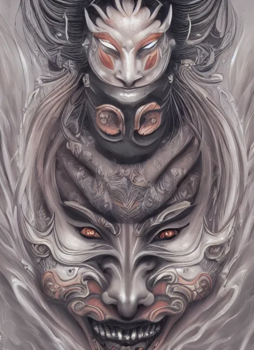 Prompt: a beautiful detailed oil on copper art illustration of a japanese kitsune hannya mask devil woman, centered, by charlie bowater, zeng fanzh, trending on artstation, dim dusk lighting, cinematic lighting, detailed lighting, volumetric lighting, realistic, f 8, 4 k hd wallpaper