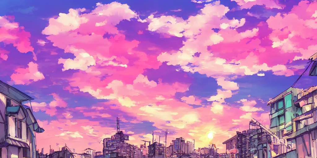Image similar to a beautiful digital drawing of a bright sunset in a city, anime styled, digital painting, pink sky, clouds
