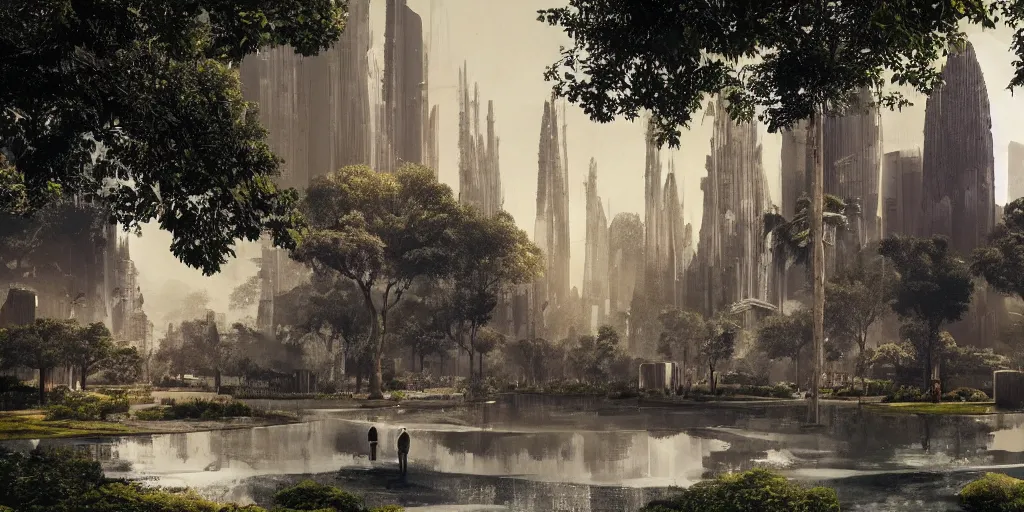 Image similar to city and temples in brutalism, gigantism, aad arab architectural style, but it is an oasis with trees and water, composition idea concept art for movies, style of denis villeneuve and greg fraiser