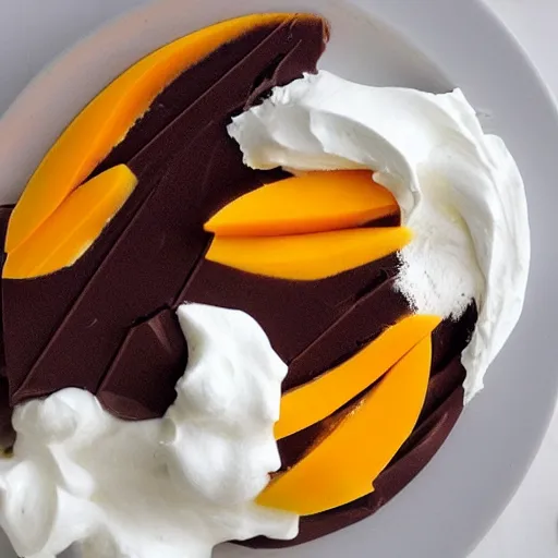 Image similar to a bald eagle made of chocolate powder, mango, and whipped cream