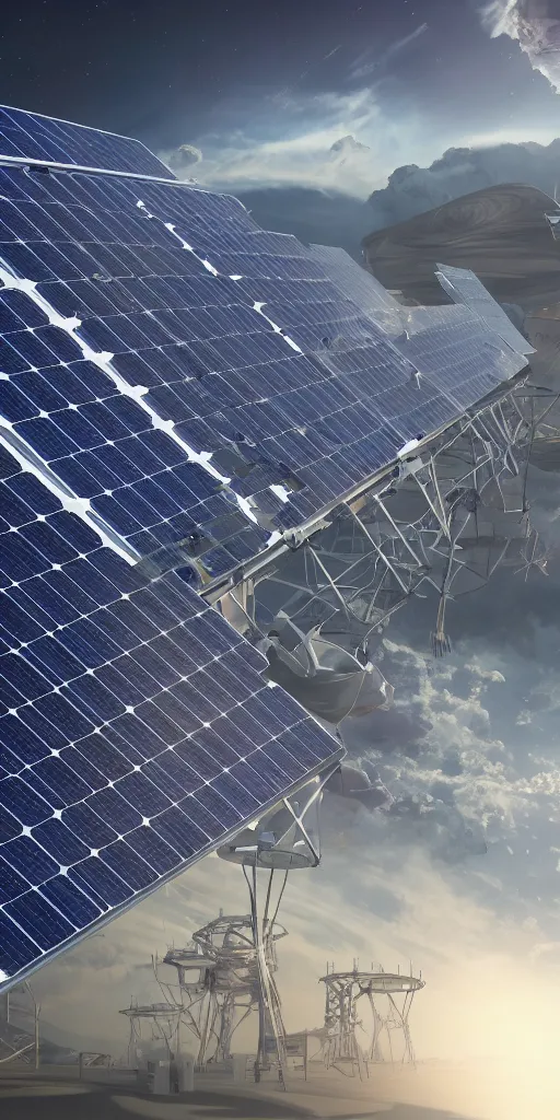 Image similar to concept art, solar power station in space, super large - scale solar power panel, earth orbit, energy collection and launch device, complex structure, high detail, octane rendering, unreal engine.