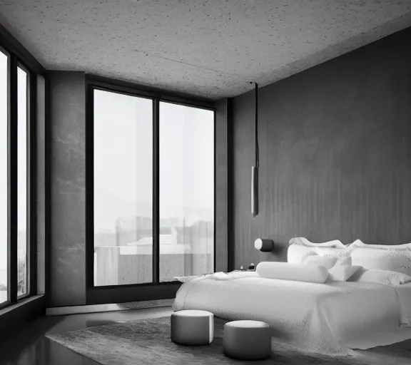 Image similar to brutalist black mansion luxury bedroom tall windows interior design minimalist organic, organic architecture furniture open space high quality octane render blender 8 k