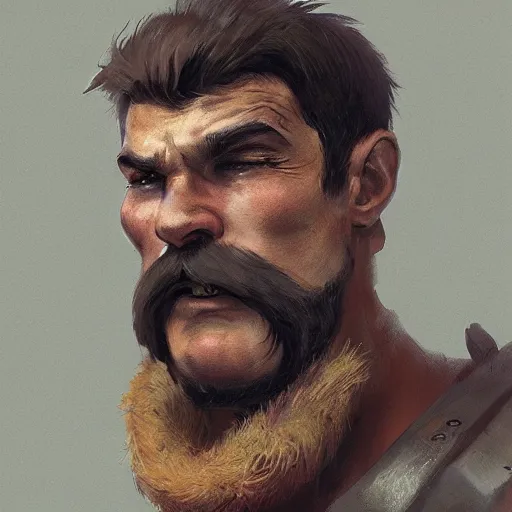 Image similar to portrait old barbarian warrior with trucker mustache and short hair, 8 k, trending on art station, by tooth wu and greg rutkowski