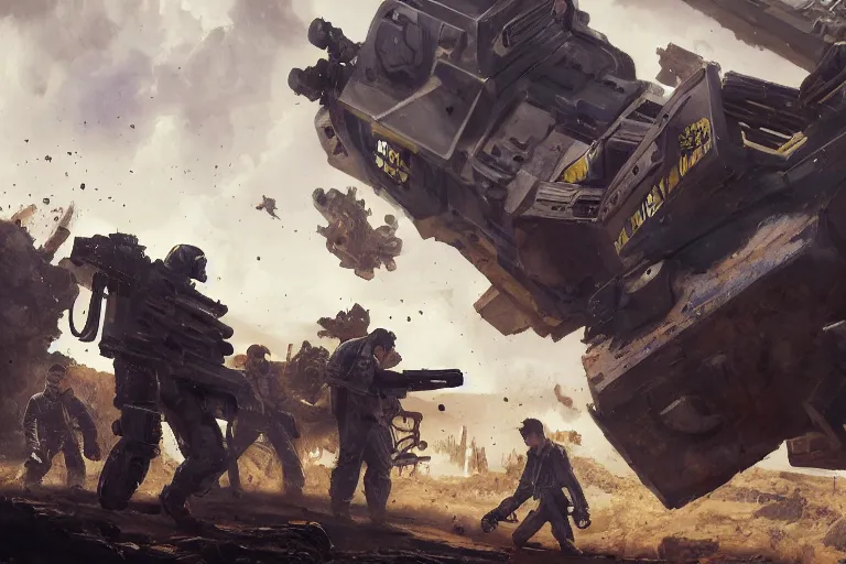 Image similar to intense dramatic still of a p - 5 0 0 0 power loader and a ragtag group of miners and factory workers with improvised weapons and firearms, on the surface of an asteroid, oil painting by charles frederic ulrich, jason ryan artstation, greg rutkowski, trending on artstation, incredible detail