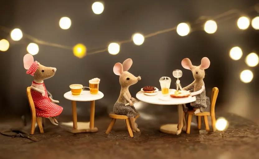 Image similar to mini cafe diorama macro photography, mice on a date, ambient, atmospheric photograph, string lights, romantic