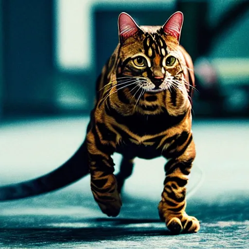 Prompt: a bengal cat in Robocop style armor chasing mice