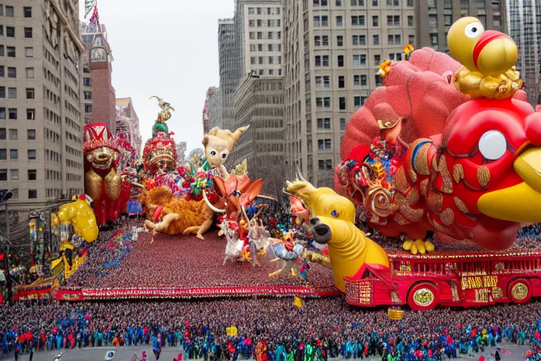 Image similar to photo of giant beautiful elaborate parade float designed by geoff darrow and wes anderson, in the macys parade, detailed 4 k photo