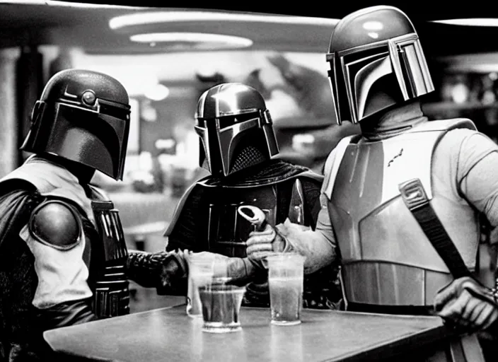 Image similar to boba fett and earth vader drinking at a bowling alley bar in the movie the big lebowski