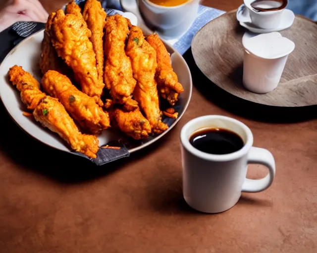 Image similar to A cup of coffee next to hot wings covered in a lot of cheese, Cinematic shot, 8k resolution