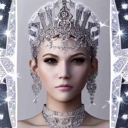 Prompt: portrait of wonderful princess of diamonds with fair skin, ornate, 8 k, gorgeous, intricate, detailed, glowing white accent lighting, dramatic lighting, octane render