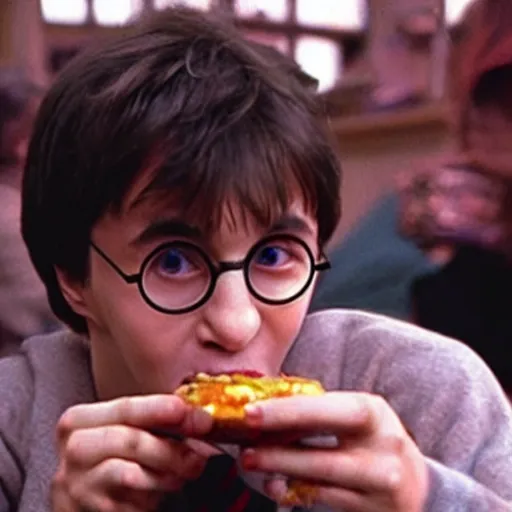 Image similar to Harry Potter eating a cheeseburger, photo realistic, award-winning, highly-detailed, epic, cinematic, dramatic