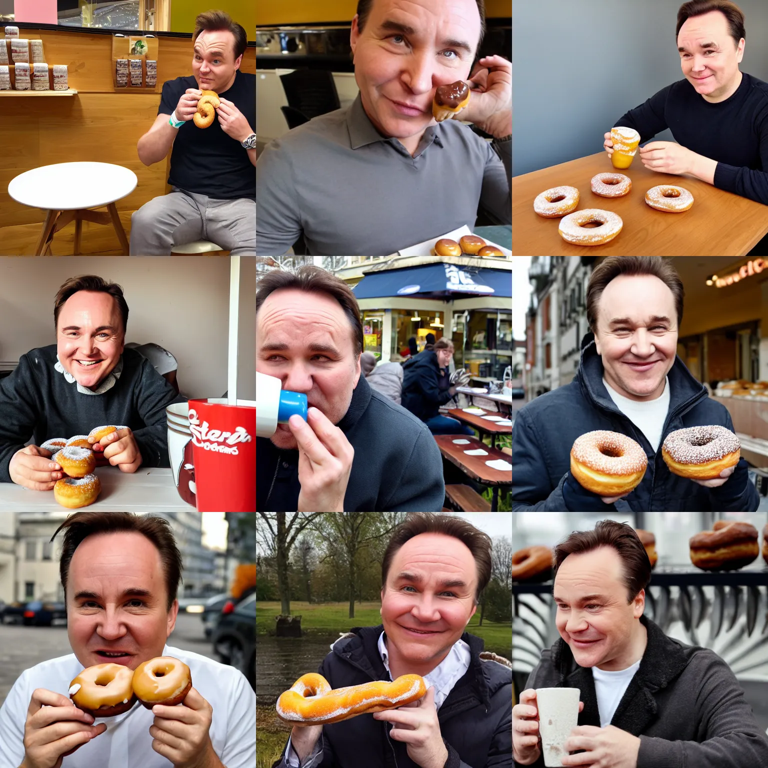 Prompt: Stefan Löfven drinking eating doughnuts