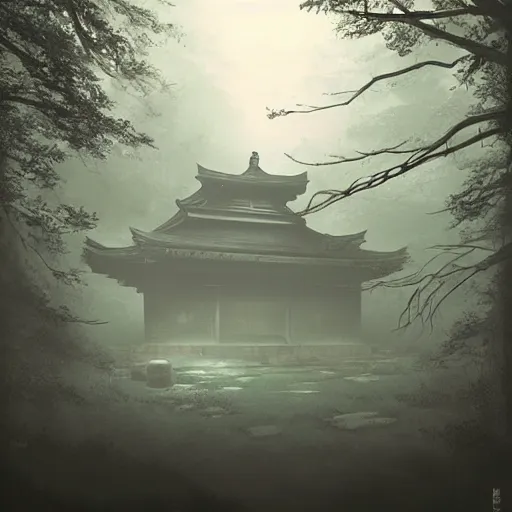 Prompt: Japanese abandoned temple in the woods, dark, moody, foggy, mysterious by Marc Simonetti