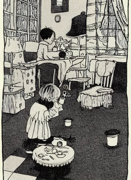 Image similar to child eating mcdonald's, by edward gorey