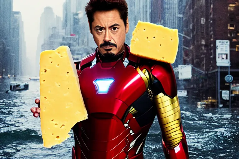 Prompt: tony stark holding cheese, flooded, new york, fog