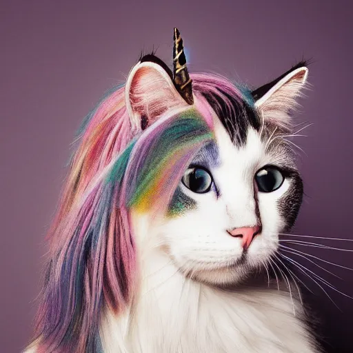 Image similar to portrait of cat unicorn, 5 0 mm soft room lighting