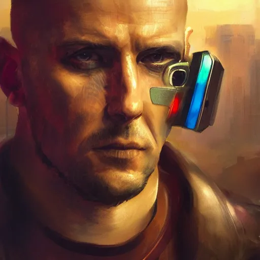 Image similar to cyberpunk, armitage, closeup portrait of an ex soldier, battlescar, artificial eye, brown buzzcut, wired head, dramatic light, city background, sunset, dystopian setting, high contrast, sharp, neuromancer, painted by stanley lau, painted by greg rutkowski, painted by stanley artgerm, digital art, trending on artstation