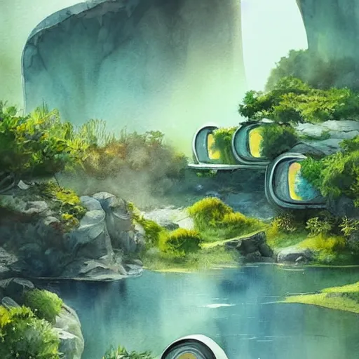 Image similar to beautiful happy picturesque charming sci - fi organic pod - like homes of the future in a beautiful natural scene. water, trees and rocks. beautiful light. soft colour scheme. beautiful artistic detailed watercolor by lurid. ( 2 0 2 2 )