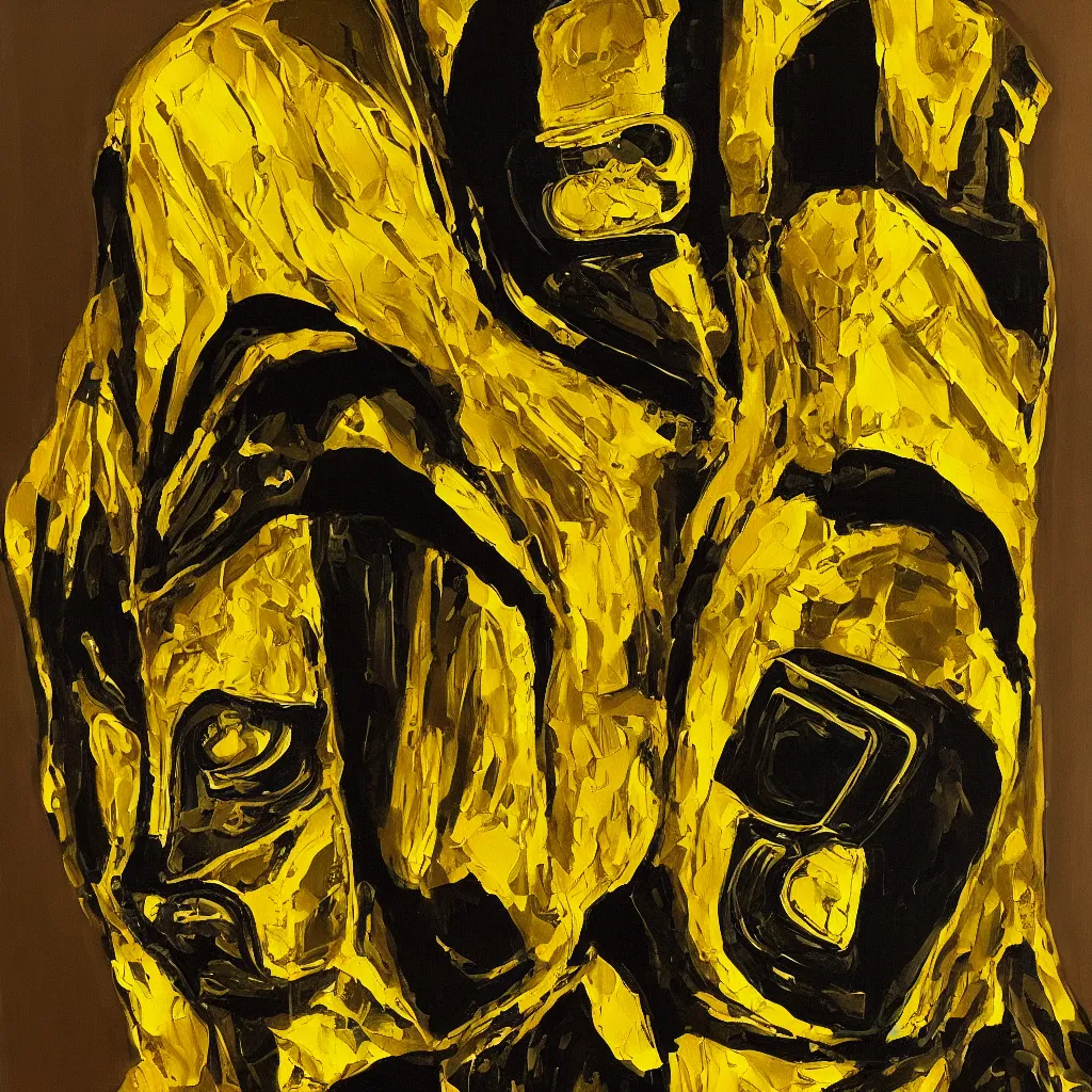 Image similar to android dressed in mask and robes, gold yellow and black colour scheme, canvas, oil paint style