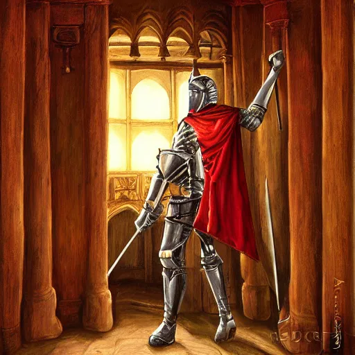 Image similar to knight, fantasy art, located in a castle, red armor, morning sunlight through the window, decorated, high quality, highly detailed,